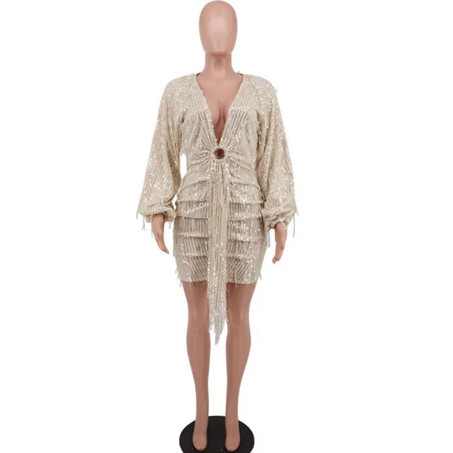 Sparkle Deep V Neck Draped Fringed Sequins Mini Dresses