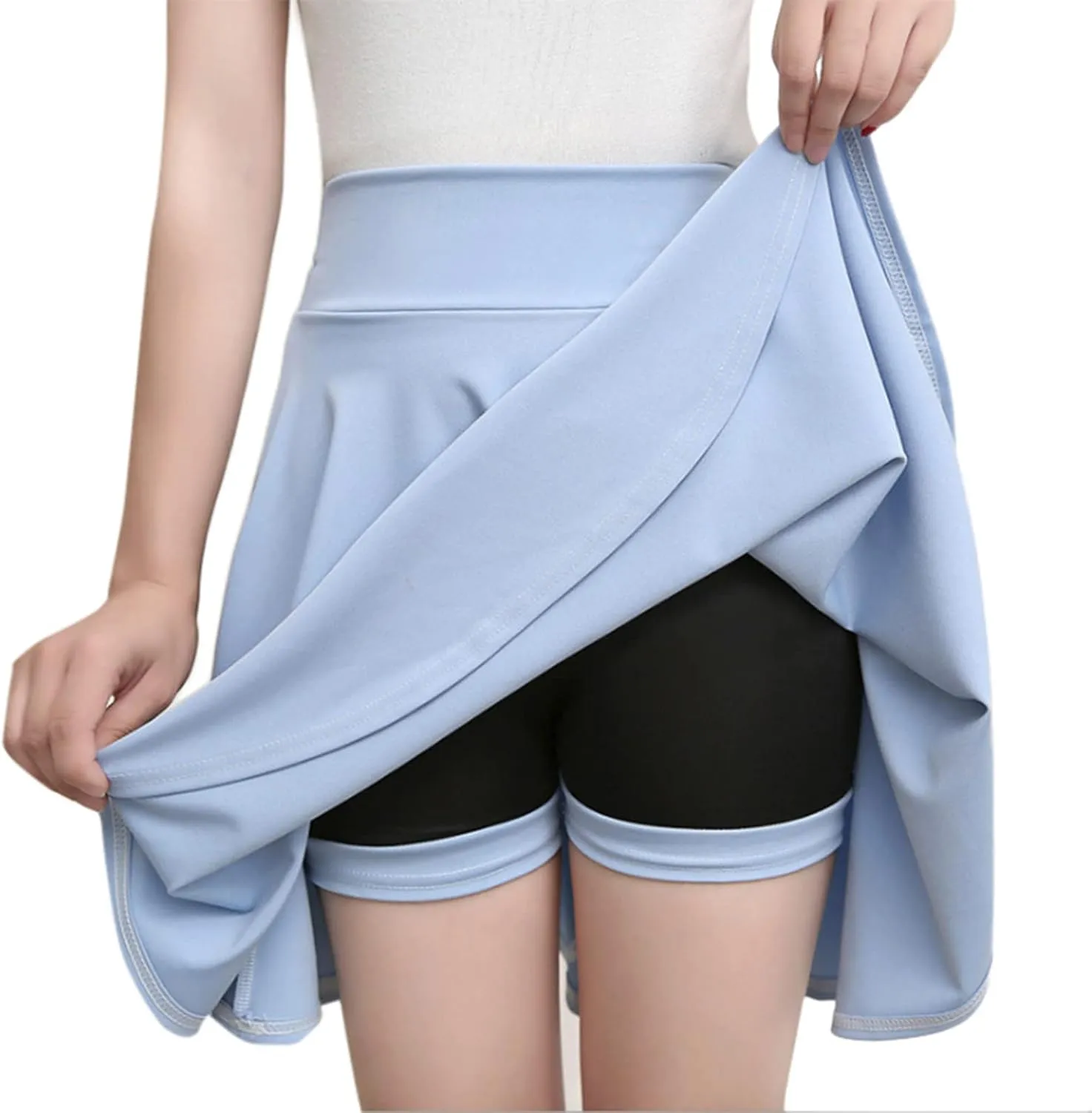 Women Skirt with Shorts High Waist Side Zipper Pleated Wrap Solid Color Casual Summer A Line Mini Skirts