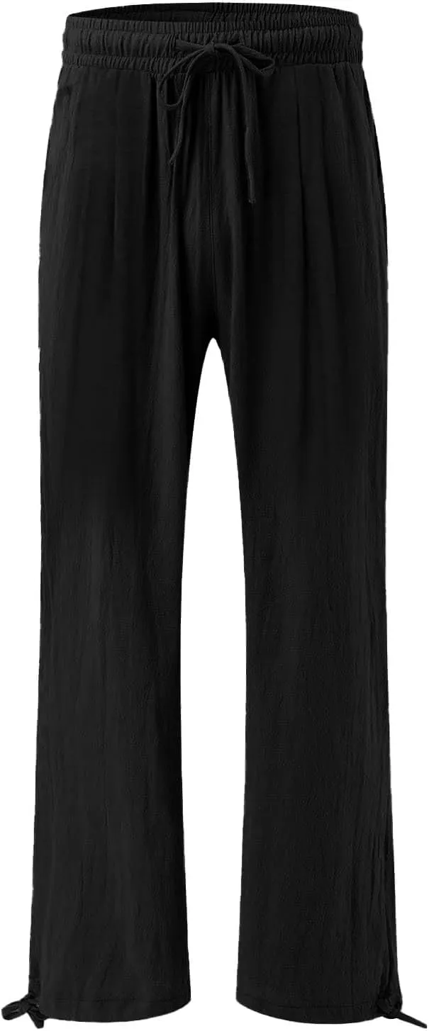 Womens Summer Flowy Cotton Linen Palazzo Wide Leg Pants Pajamas High Waisted Pant Long Trousers with Pocket