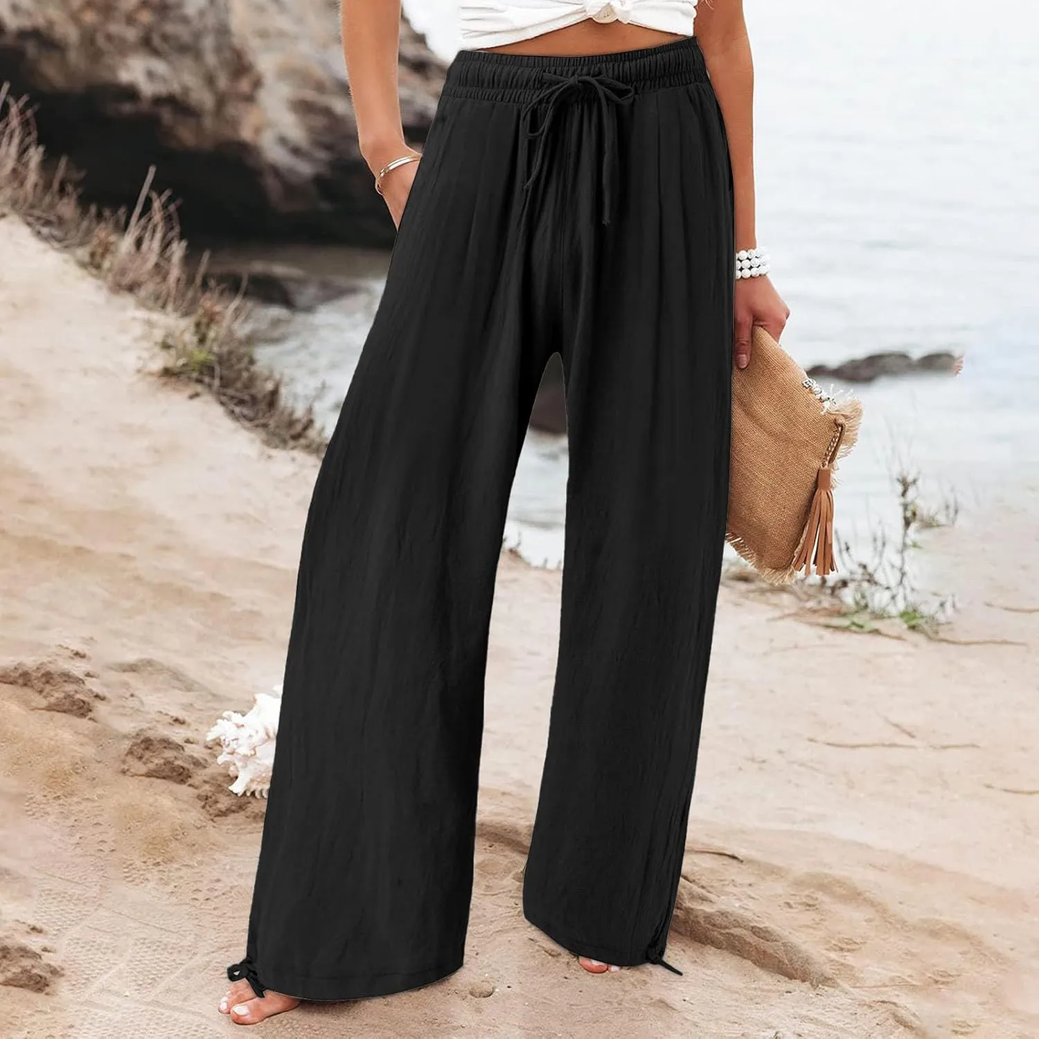 Womens Summer Flowy Cotton Linen Palazzo Wide Leg Pants Pajamas High Waisted Pant Long Trousers with Pocket
