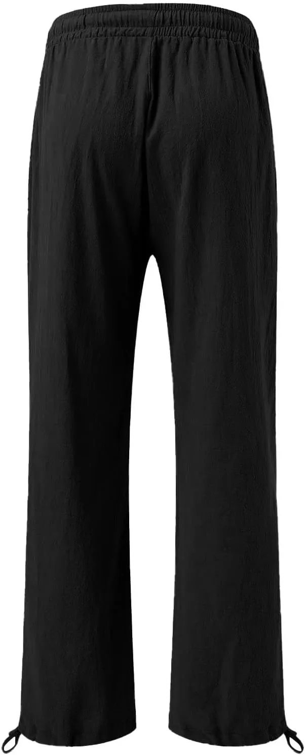 Womens Summer Flowy Cotton Linen Palazzo Wide Leg Pants Pajamas High Waisted Pant Long Trousers with Pocket