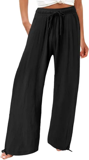 Womens Summer Flowy Cotton Linen Palazzo Wide Leg Pants Pajamas High Waisted Pant Long Trousers with Pocket
