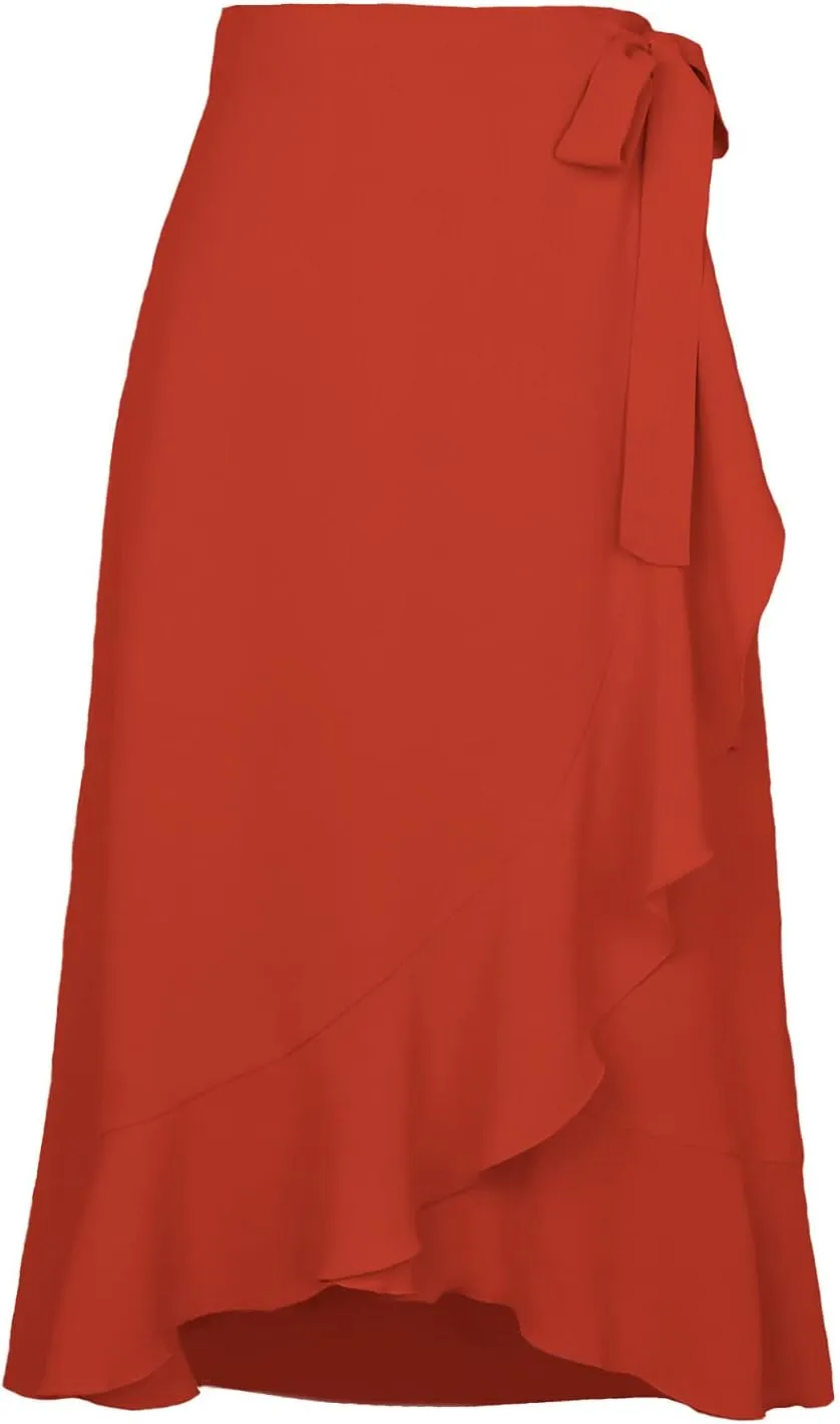 Wrap Skirts for Women Sexy Elegant Ruffle Asymmetrical Hem Maxi Skirts Summer Causal Solid Office Work Party Skirt