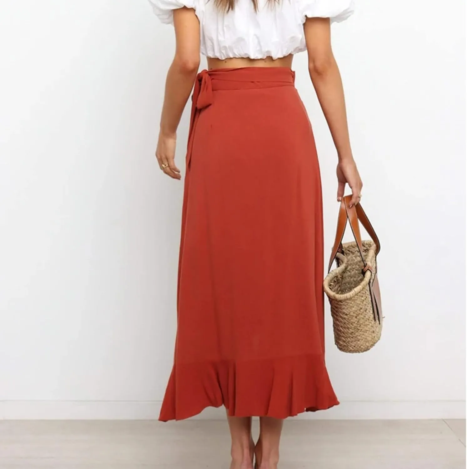 Wrap Skirts for Women Sexy Elegant Ruffle Asymmetrical Hem Maxi Skirts Summer Causal Solid Office Work Party Skirt