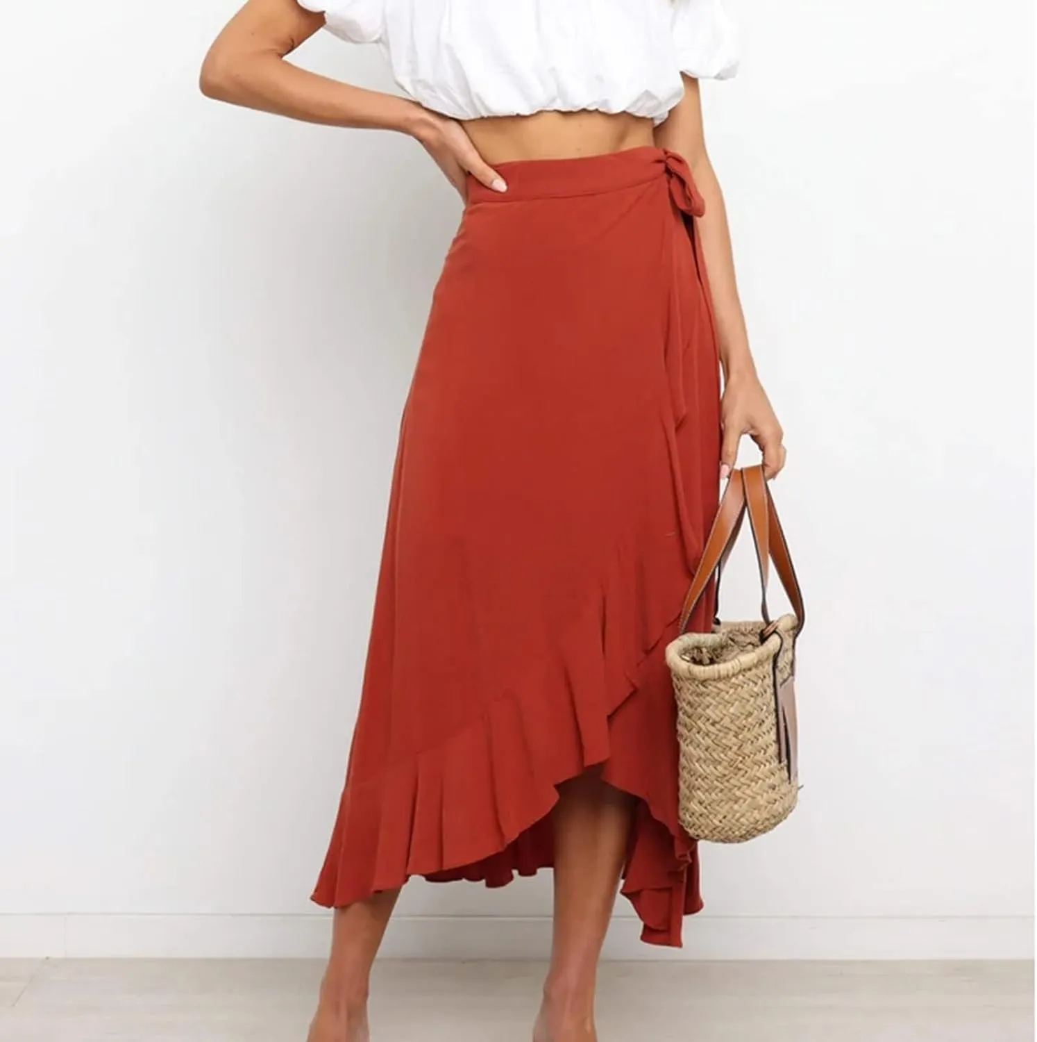 Wrap Skirts for Women Sexy Elegant Ruffle Asymmetrical Hem Maxi Skirts Summer Causal Solid Office Work Party Skirt