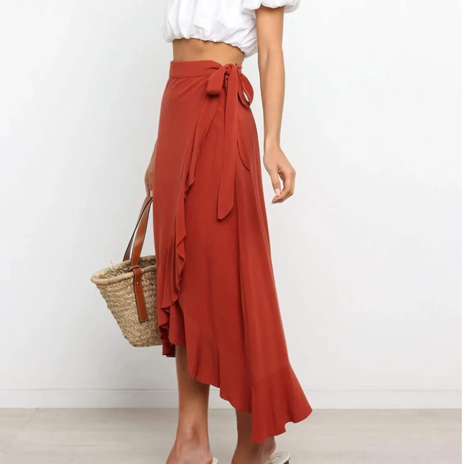 Wrap Skirts for Women Sexy Elegant Ruffle Asymmetrical Hem Maxi Skirts Summer Causal Solid Office Work Party Skirt