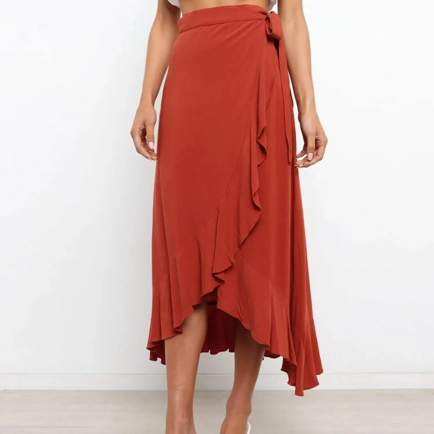 Wrap Skirts for Women Sexy Elegant Ruffle Asymmetrical Hem Maxi Skirts Summer Causal Solid Office Work Party Skirt